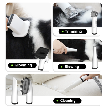 Five-in-one pet grooming kit attachments including brush, clipper, vacuum nozzle, and more