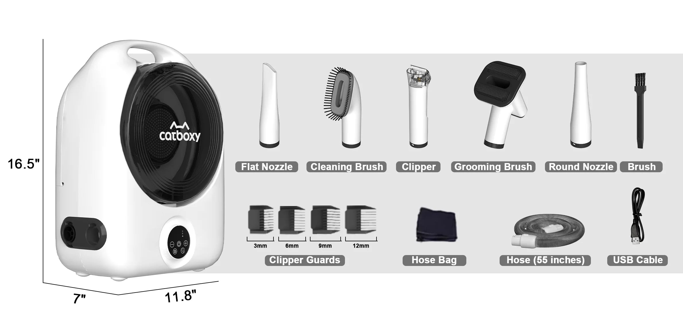 Contents of Nova P1 pet grooming kit including 5 grooming heads, electric clipper, flexible hose, dustbin, and power cord